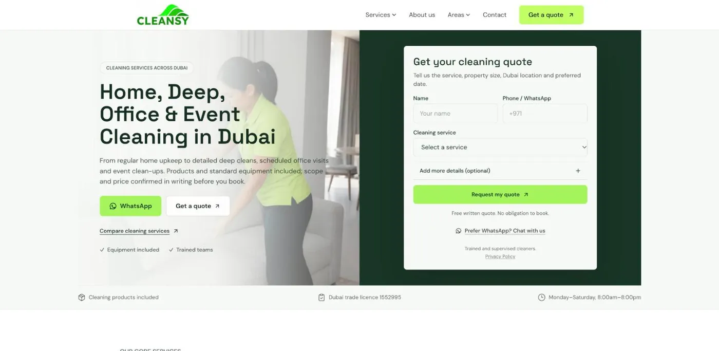 Screenshot of the Cleansy website